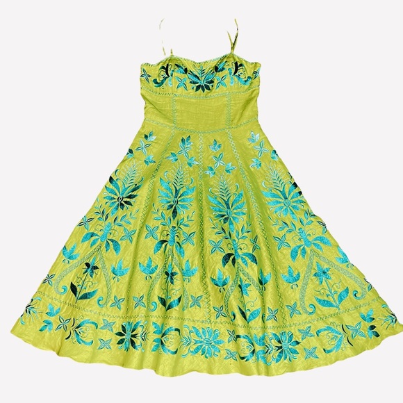 Susan Wong Green Embroidered Linen Beaded Spaghetti Strap Midi Dress - Sz 4 - Picture 2 of 10